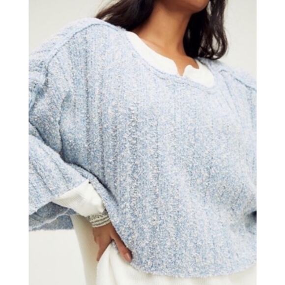 Free People Good Day Sweater Size Medium Blue Ribbed Cropped Oversized - Picture 4 of 11
